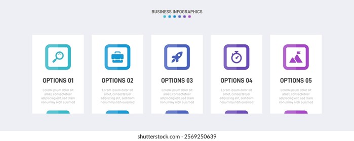 Horizontal progress bar featuring 5 arrow-shaped elements, symbolizing the five stages of business strategy and progression. Clean timeline infographic design template. Vector for presentation