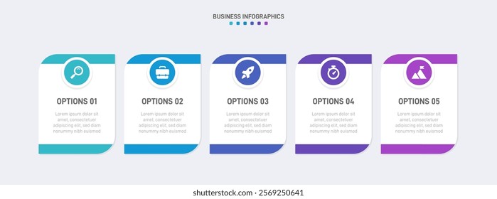 Horizontal progress bar featuring 5 arrow-shaped elements, symbolizing the five stages of business strategy and progression. Clean timeline infographic design template. Vector for presentation