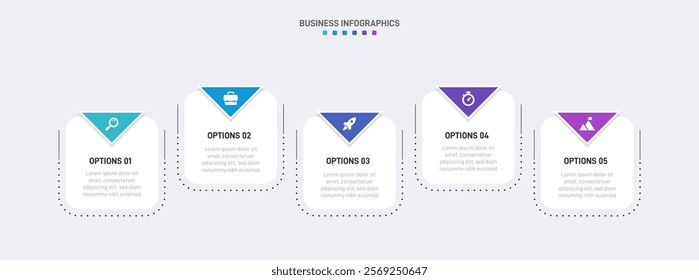 Horizontal progress bar featuring 5 arrow-shaped elements, symbolizing the five stages of business strategy and progression. Clean timeline infographic design template. Vector for presentation