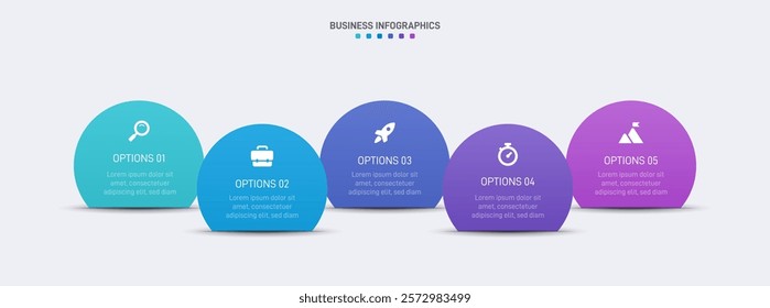 Horizontal progress bar featuring 5 arrow-shaped elements, symbolizing the five stages of business strategy and progression. Clean timeline infographic design template. Vector for presentation