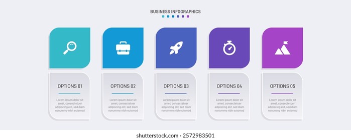 Horizontal progress bar featuring 5 arrow-shaped elements, symbolizing the five stages of business strategy and progression. Clean timeline infographic design template. Vector for presentation