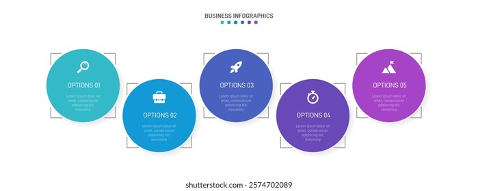 Horizontal progress bar featuring 5 arrow-shaped elements, symbolizing the five stages of business strategy and progression. Clean timeline infographic design template. Vector for presentation