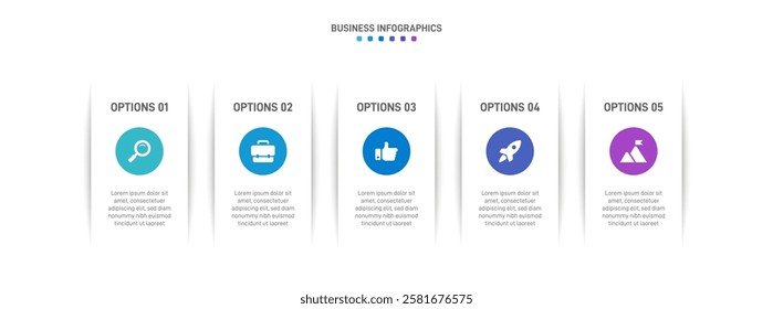 Horizontal progress bar featuring 5 arrow-shaped elements, symbolizing the five stages of business strategy and progression. Clean timeline infographic design template. Vector for presentation