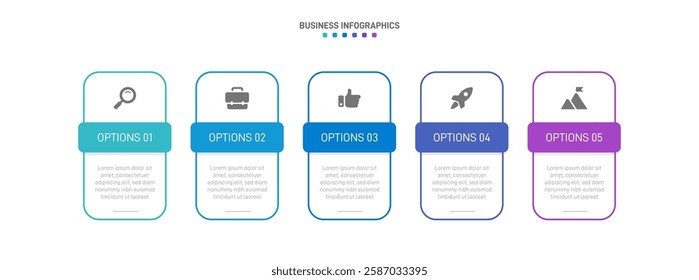 Horizontal progress bar featuring 5 arrow-shaped elements, symbolizing the five stages of business strategy and progression. Clean timeline infographic design template. Vector for presentation