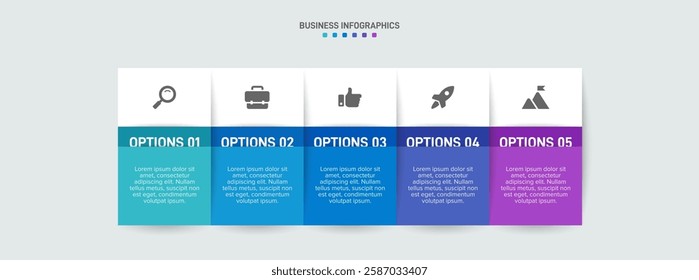 Horizontal progress bar featuring 5 arrow-shaped elements, symbolizing the five stages of business strategy and progression. Clean timeline infographic design template. Vector for presentation