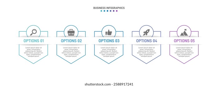 Horizontal progress bar featuring 5 arrow-shaped elements, symbolizing the five stages of business strategy and progression. Clean timeline infographic design template. Vector for presentation