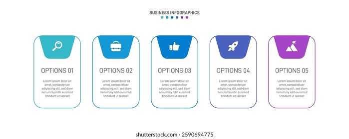 Horizontal progress bar featuring 5 arrow-shaped elements, symbolizing the five stages of business strategy and progression. Clean timeline infographic design template. Vector for presentation