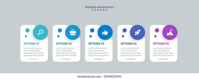 Horizontal progress bar featuring 5 arrow-shaped elements, symbolizing the five stages of business strategy and progression. Clean timeline infographic design template. Vector for presentation