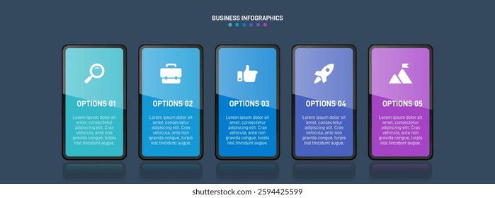 Horizontal progress bar featuring 5 arrow-shaped elements, symbolizing the five stages of business strategy and progression. Clean timeline infographic design template. Vector for presentation