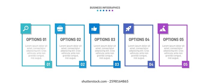 Horizontal progress bar featuring 5 arrow-shaped elements, symbolizing the five stages of business strategy and progression. Clean timeline infographic design template. Vector for presentation