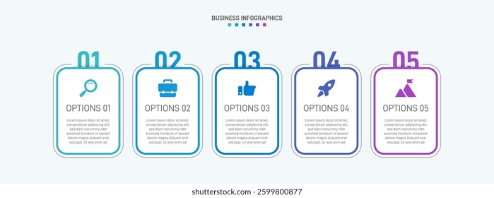 Horizontal progress bar featuring 5 arrow-shaped elements, symbolizing the five stages of business strategy and progression. Clean timeline infographic design template. Vector for presentation