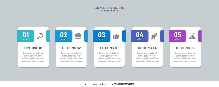 Horizontal progress bar featuring 5 arrow-shaped elements, symbolizing the five stages of business strategy and progression. Clean timeline infographic design template. Vector for presentation