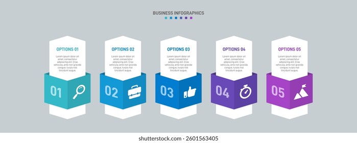 Horizontal progress bar featuring 5 arrow-shaped elements, symbolizing the five stages of business strategy and progression. Clean timeline infographic design template. Vector for presentation