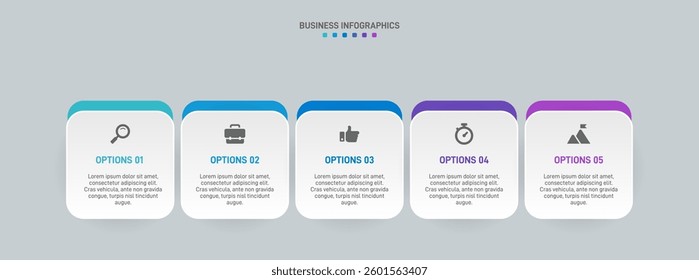 Horizontal progress bar featuring 5 arrow-shaped elements, symbolizing the five stages of business strategy and progression. Clean timeline infographic design template. Vector for presentation