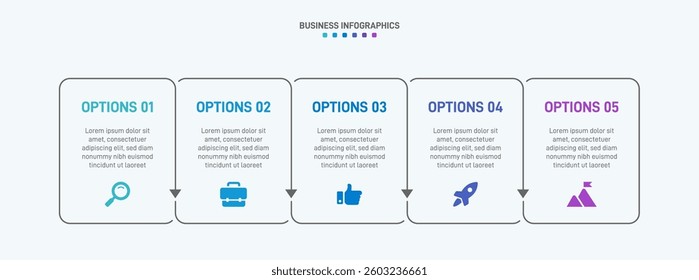 Horizontal progress bar featuring 5 arrow-shaped elements, symbolizing the five stages of business strategy and progression. Clean timeline infographic design template. Vector for presentation