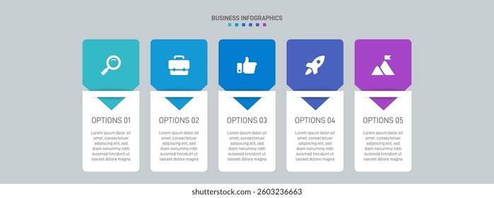 Horizontal progress bar featuring 5 arrow-shaped elements, symbolizing the five stages of business strategy and progression. Clean timeline infographic design template. Vector for presentation