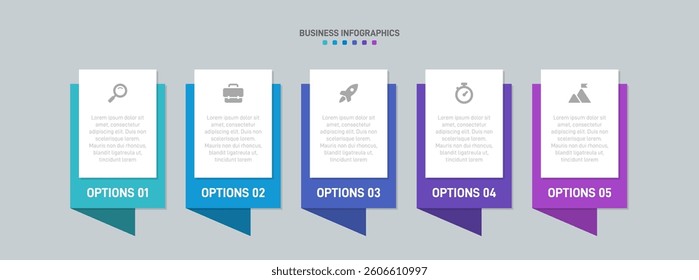 Horizontal progress bar featuring 5 arrow-shaped elements, symbolizing the five stages of business strategy and progression. Clean timeline infographic design template. Vector for presentation