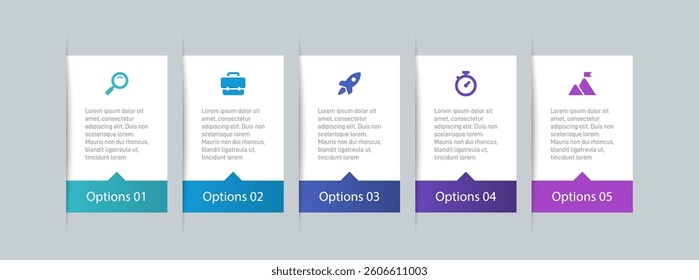Horizontal progress bar featuring 5 arrow-shaped elements, symbolizing the five stages of business strategy and progression. Clean timeline infographic design template. Vector for presentation