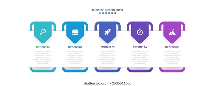 Horizontal progress bar featuring 5 arrow-shaped elements, symbolizing the five stages of business strategy and progression. Clean timeline infographic design template. Vector for presentation