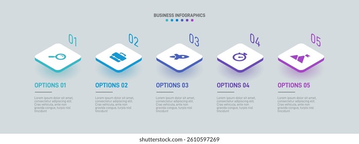 Horizontal progress bar featuring 5 arrow-shaped elements, symbolizing the five stages of business strategy and progression. Clean timeline infographic design template. Vector for presentation