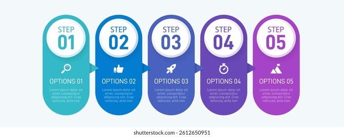 Horizontal progress bar featuring 5 arrow-shaped elements, symbolizing the five stages of business strategy and progression. Clean timeline infographic design template. Vector for presentation