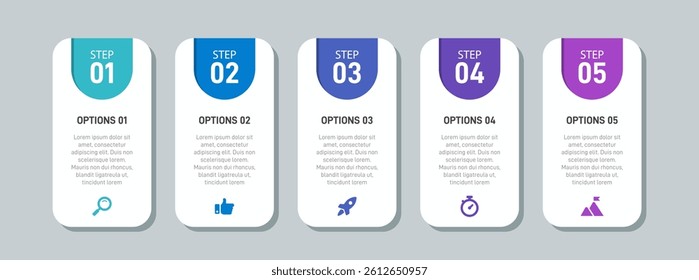 Horizontal progress bar featuring 5 arrow-shaped elements, symbolizing the five stages of business strategy and progression. Clean timeline infographic design template. Vector for presentation