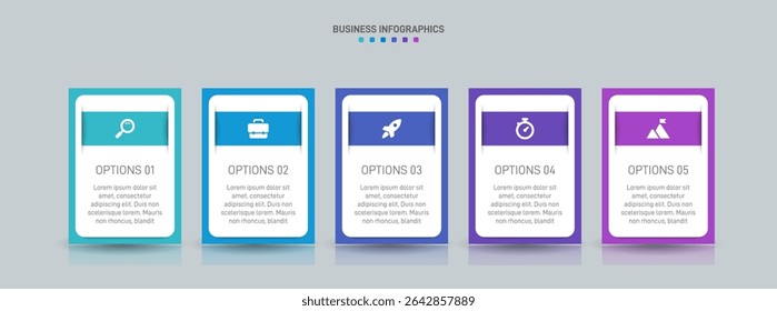 Horizontal progress bar featuring 5 arrow-shaped elements, symbolizing the five stages of business strategy and progression. Clean timeline infographic design template. Vector for presentation
