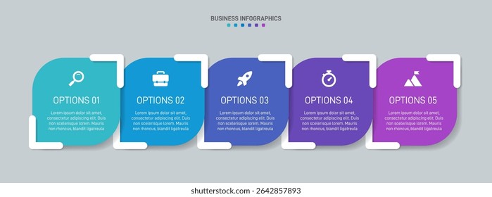 Horizontal progress bar featuring 5 arrow-shaped elements, symbolizing the five stages of business strategy and progression. Clean timeline infographic design template. Vector for presentation