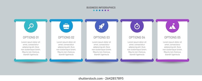 Horizontal progress bar featuring 5 arrow-shaped elements, symbolizing the five stages of business strategy and progression. Clean timeline infographic design template. Vector for presentation