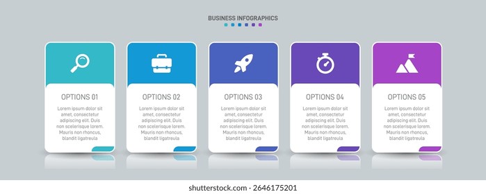 Barra de progresso horizontal com 5 elementos em forma de seta, simbolizando os cinco estágios da estratégia e progressão de negócios. Modelo de design de infográfico de linha do tempo limpo. Vetor para apresentação