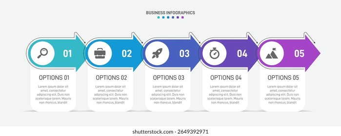 Horizontal progress bar featuring 5 arrow-shaped elements, symbolizing the five stages of business strategy and progression. Clean timeline infographic design template. Vector for presentation