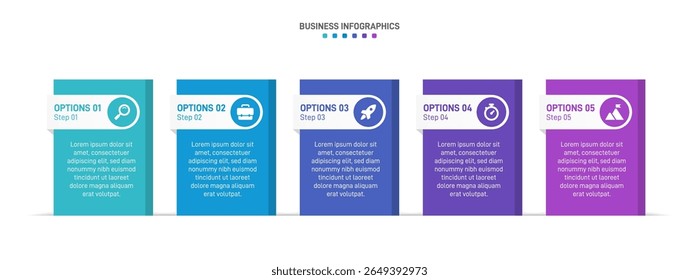 Horizontal progress bar featuring 5 arrow-shaped elements, symbolizing the five stages of business strategy and progression. Clean timeline infographic design template. Vector for presentation
