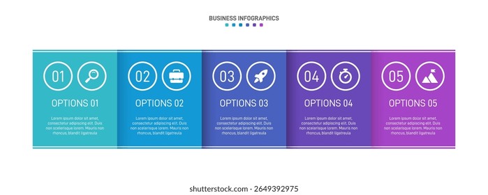 Horizontal progress bar featuring 5 arrow-shaped elements, symbolizing the five stages of business strategy and progression. Clean timeline infographic design template. Vector for presentation