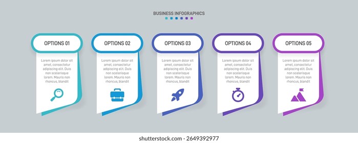 Horizontal progress bar featuring 5 arrow-shaped elements, symbolizing the five stages of business strategy and progression. Clean timeline infographic design template. Vector for presentation