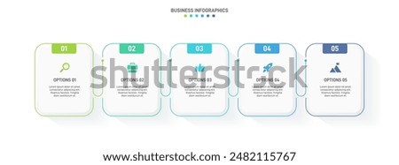 Horizontal progress bar featuring 5 arrow-shaped elements, symbolizing the five stages of business strategy and progression. Clean timeline infographic design template. Vector for presentation