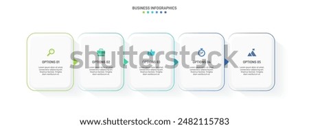 Horizontal progress bar featuring 5 arrow-shaped elements, symbolizing the five stages of business strategy and progression. Clean timeline infographic design template. Vector for presentation