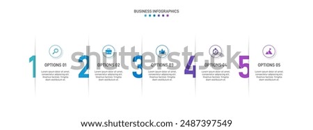 Horizontal progress bar featuring 5 arrow-shaped elements, symbolizing the five stages of business strategy and progression. Clean timeline infographic design template. Vector for presentation