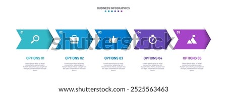 Horizontal progress bar featuring 5 arrow-shaped elements, symbolizing the five stages of business strategy and progression. Clean timeline infographic design template. Vector for presentation