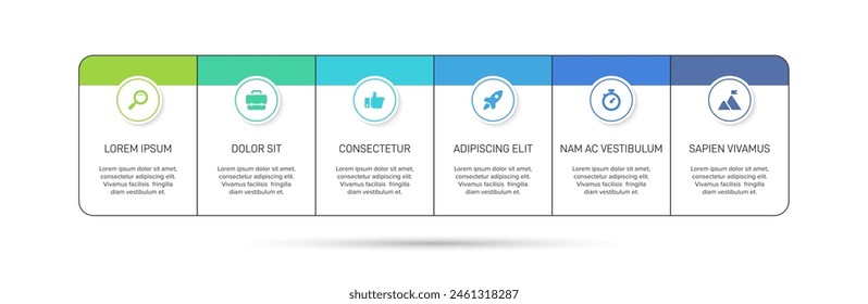 Horizontal progress bar featuring 6 arrow-shaped elements, symbolizing the six stages of business strategy and progression. Clean timeline infographic design template. Vector for presentation