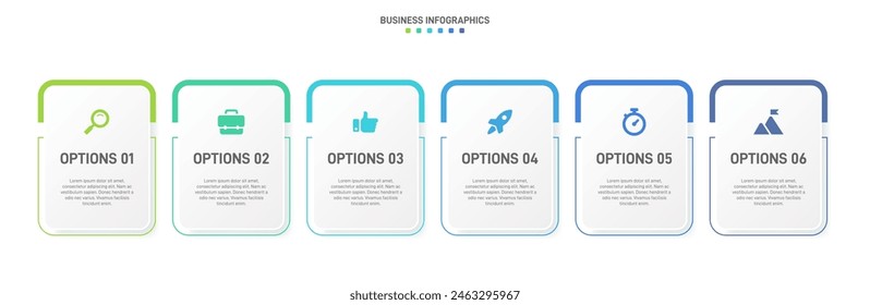 Horizontal progress bar featuring 6 arrow-shaped elements, symbolizing the six stages of business strategy and progression. Clean timeline infographic design template. Vector for presentation