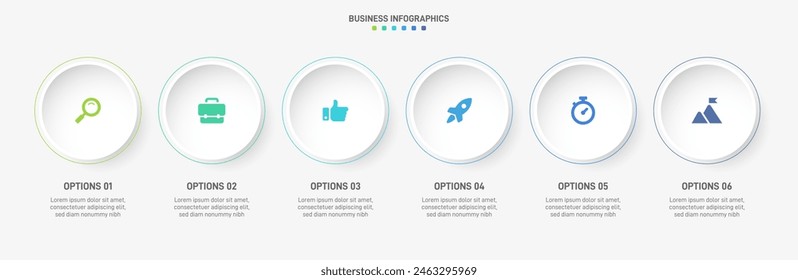 Horizontal progress bar featuring 6 arrow-shaped elements, symbolizing the six stages of business strategy and progression. Clean timeline infographic design template. Vector for presentation