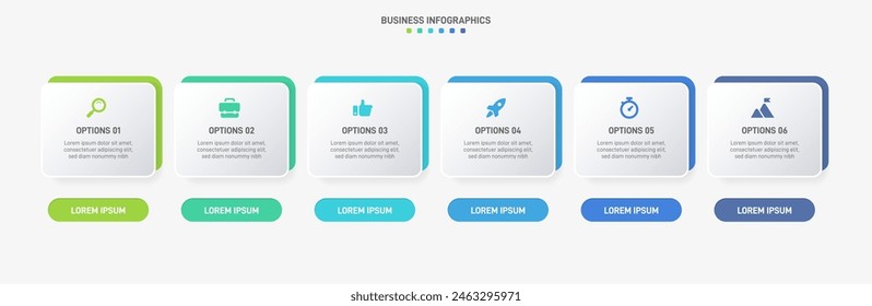 Horizontal progress bar featuring 6 arrow-shaped elements, symbolizing the six stages of business strategy and progression. Clean timeline infographic design template. Vector for presentation