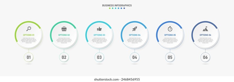 Horizontal progress bar featuring 6 arrow-shaped elements, symbolizing the six stages of business strategy and progression. Clean timeline infographic design template. Vector for presentation