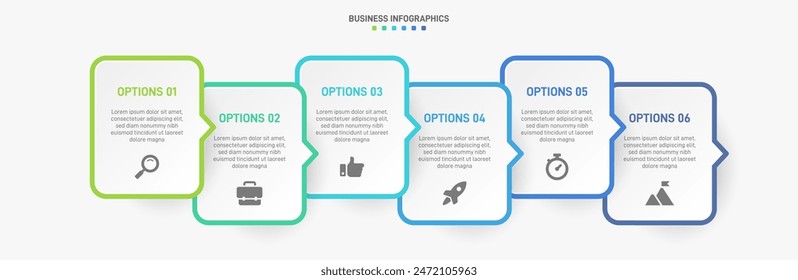 Horizontal progress bar featuring 6 arrow-shaped elements, symbolizing the six stages of business strategy and progression. Clean timeline infographic design template. Vector for presentation