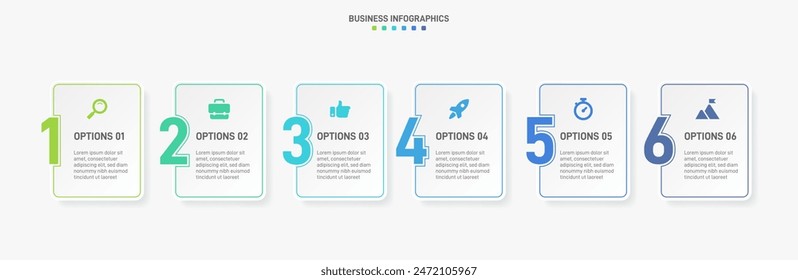 Horizontale Fortschrittsleiste mit 6 pfeilförmigen Elementen, die die sechs Stufen der Geschäftsstrategie und des Fortschritts symbolisieren. Vorlage des Infografik-Designs für eine saubere Zeitleiste. Vektorgrafik für die Präsentation