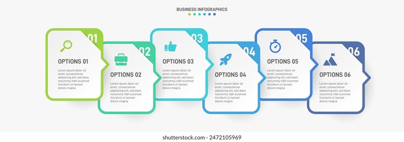 Horizontal progress bar featuring 6 arrow-shaped elements, symbolizing the six stages of business strategy and progression. Clean timeline infographic design template. Vector for presentation