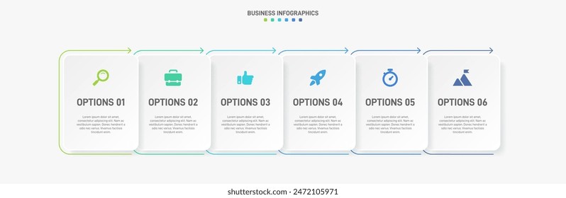 Horizontal progress bar featuring 6 arrow-shaped elements, symbolizing the six stages of business strategy and progression. Clean timeline infographic design template. Vector for presentation