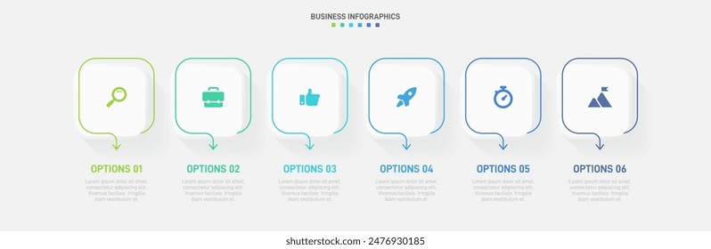 Horizontal progress bar featuring 6 arrow-shaped elements, symbolizing the six stages of business strategy and progression. Clean timeline infographic design template. Vector for presentation