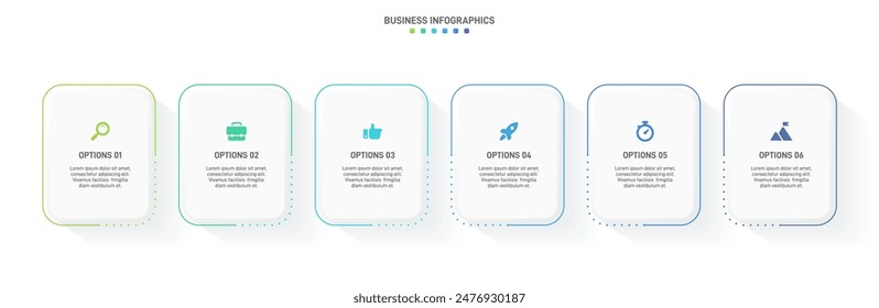 Barra de progreso Horizontal con 6 Elementos en forma de flecha, que simbolizan las seis etapas de estrategia y progresión empresarial. Plantilla de diseño de infografía de línea de tiempo limpia. Vector de presentación