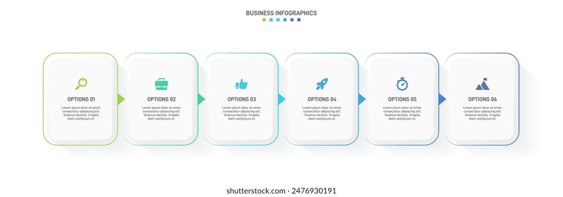 Horizontal progress bar featuring 6 arrow-shaped elements, symbolizing the six stages of business strategy and progression. Clean timeline infographic design template. Vector for presentation